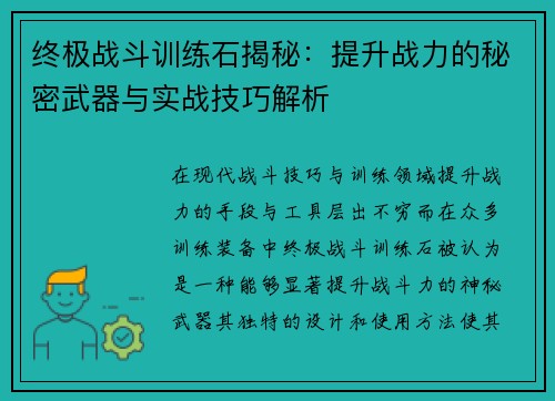 终极战斗训练石揭秘:提升战力的秘密武器与实战技巧解析