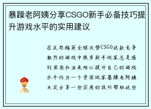 暴躁老阿姨分享CSGO新手必备技巧提升游戏水平的实用建议